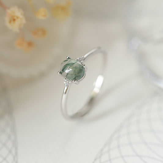 JCR-027RNG-24  S925 Silver Green Moss Ring Water Plants Agate Female Finger Ring