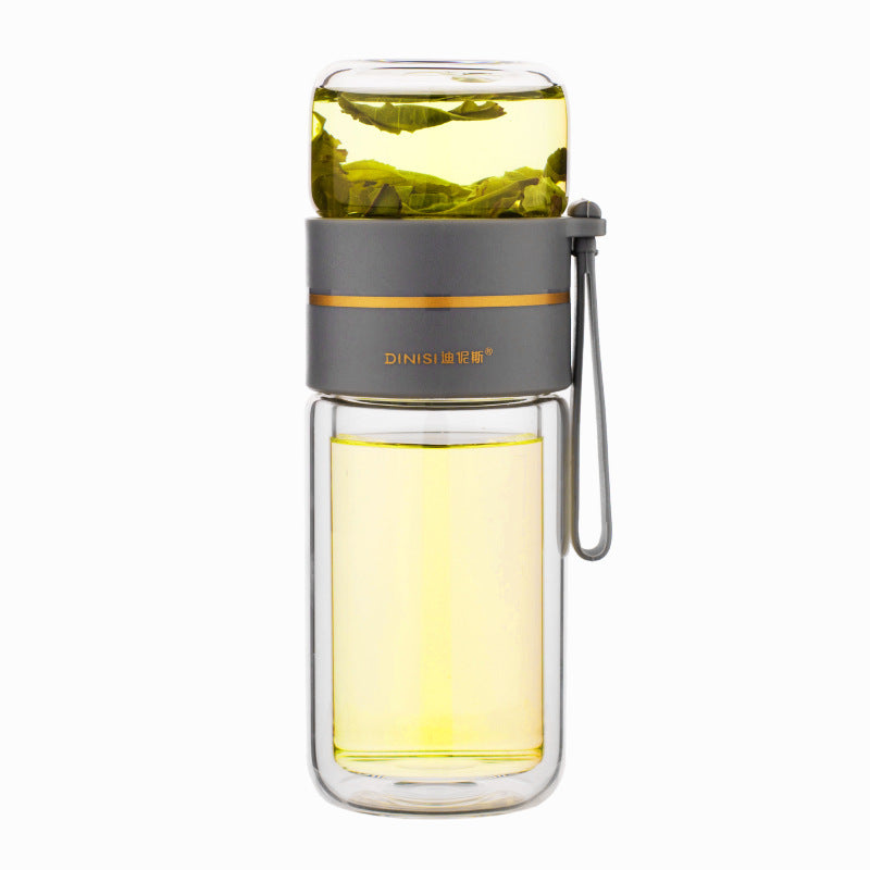 JC-250103DWR-026  Glass Water Bottle With Tea Infuser Filter Tea Separation Double Wall Glass Bottle Leakproof Water Bottle