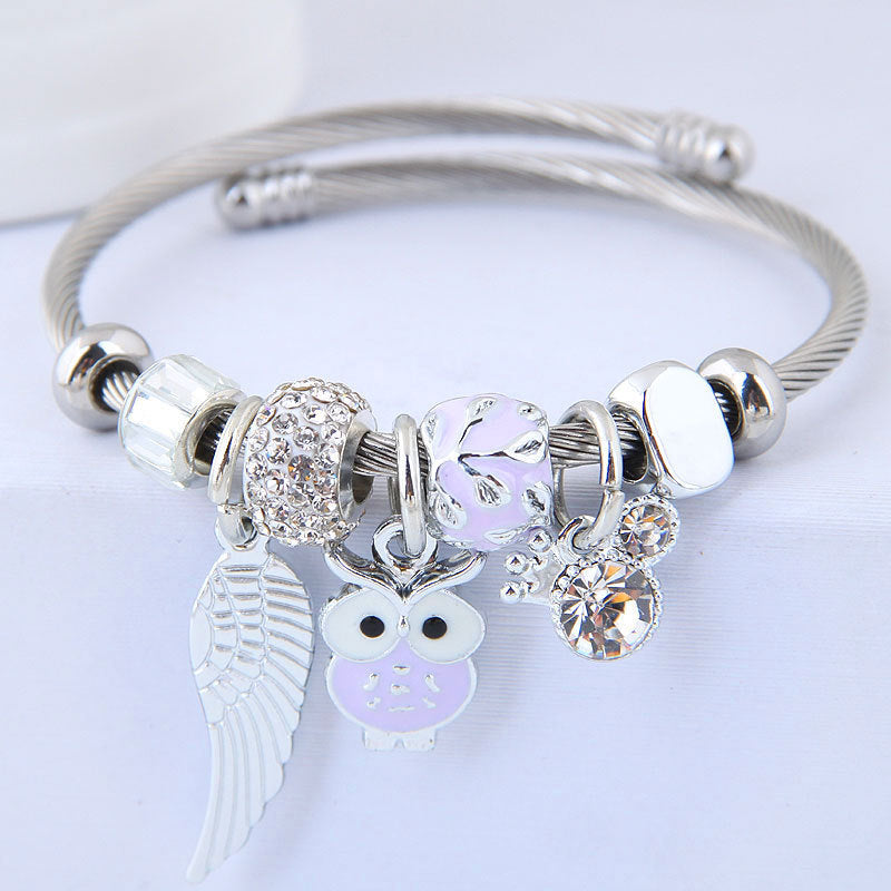 JC-241230BBJ-019  DIY Beaded Owl Angel Wings Pendant Stainless Steel Bracelet