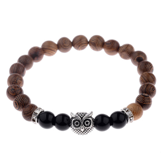 JC-241230BBJ-010  Owl frosted stone lifeline wood grain bracelet