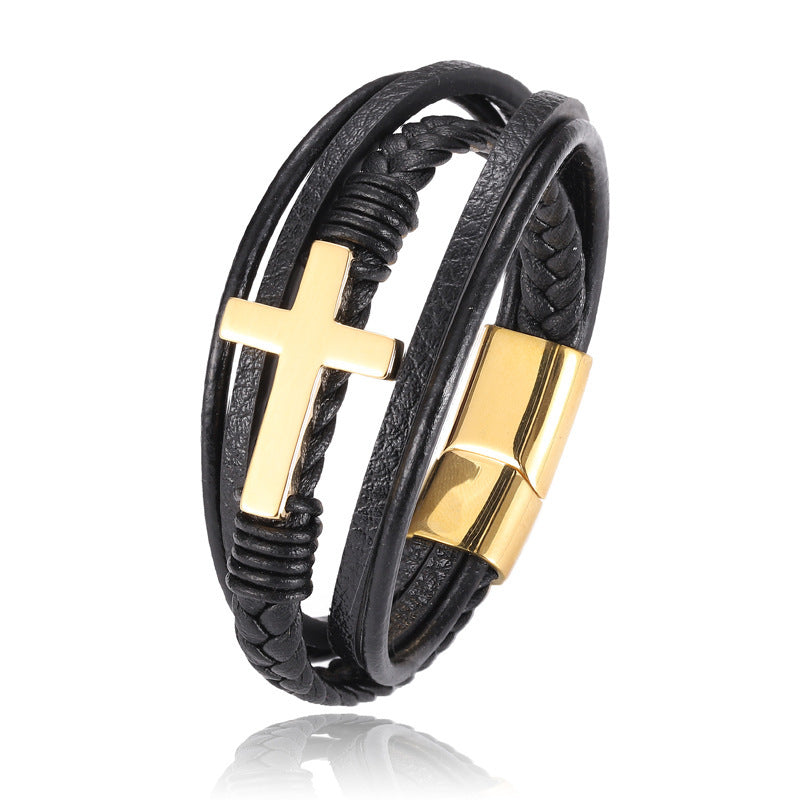 JC-241230BBJ-036  Multi-layer Braided Stainless Steel Cross Men's Bracelet