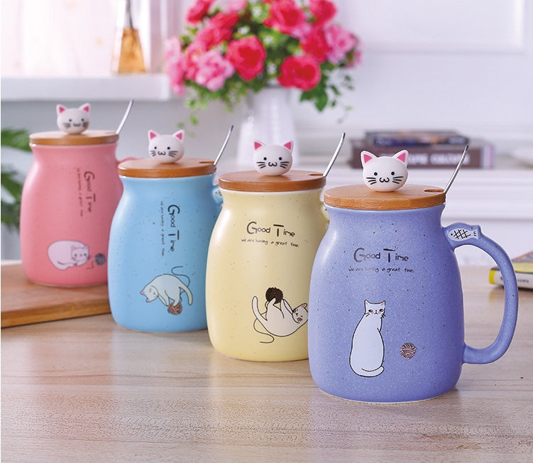 JC-250103DWR-058 450ml Cartoon Ceramics Cat Mug With Lid and Spoon Coffee Milk Tea Mugs Breakfast Cup Drinkware Novelty Gifts