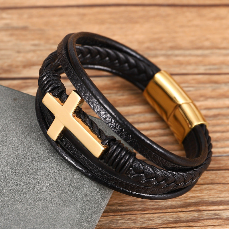 JC-241230BBJ-036  Multi-layer Braided Stainless Steel Cross Men's Bracelet