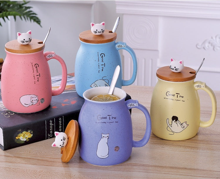 JC-250103DWR-058 450ml Cartoon Ceramics Cat Mug With Lid and Spoon Coffee Milk Tea Mugs Breakfast Cup Drinkware Novelty Gifts