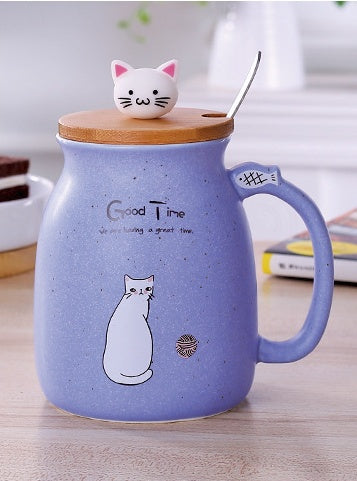 JC-250103DWR-058 450ml Cartoon Ceramics Cat Mug With Lid and Spoon Coffee Milk Tea Mugs Breakfast Cup Drinkware Novelty Gifts