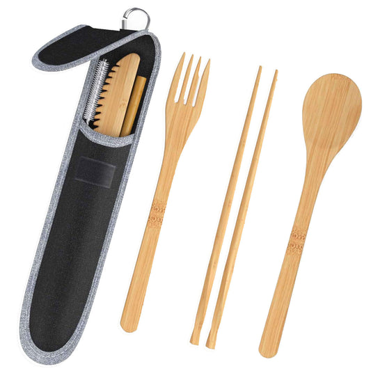 JC-250101DNW-006  Portable Travel Bamboo Cutlery Cutlery Stainless Steel Straw Chopsticks Cutlery Set