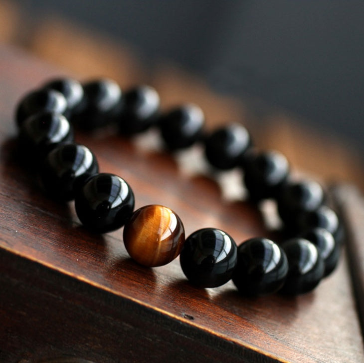 JC-241230BBJ-049  Natural Black Onyx With Stone Tiger Eyes Energy Bracelet