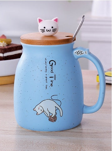 JC-250103DWR-058 450ml Cartoon Ceramics Cat Mug With Lid and Spoon Coffee Milk Tea Mugs Breakfast Cup Drinkware Novelty Gifts