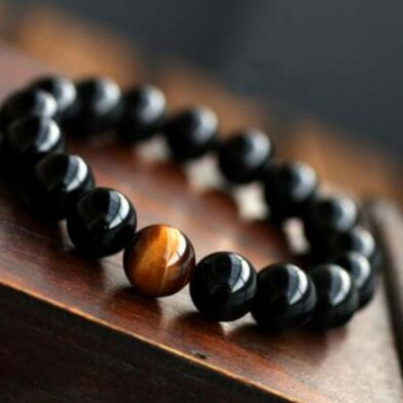 JC-241230BBJ-049  Natural Black Onyx With Stone Tiger Eyes Energy Bracelet