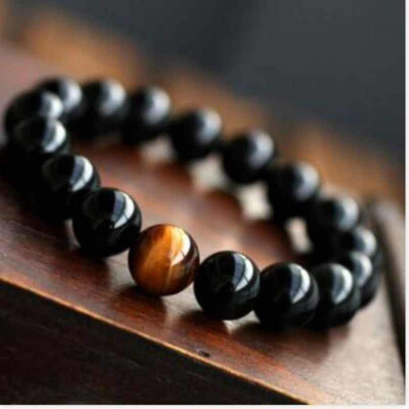 JC-241230BBJ-049  Natural Black Onyx With Stone Tiger Eyes Energy Bracelet