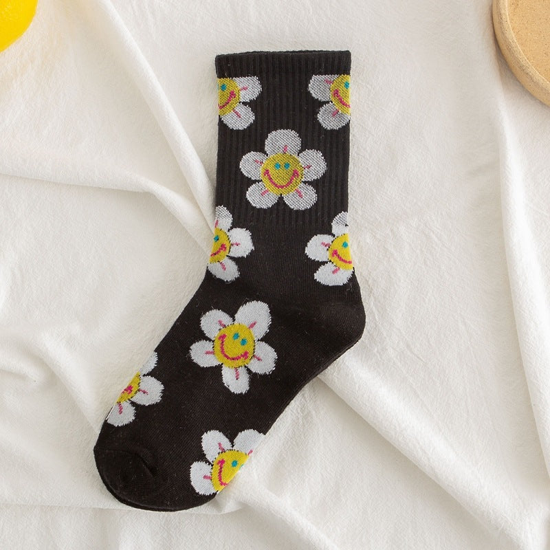 JC-056SCK-24  Socks Women's Smiling Flower Female Middle Tube Socks SUNFLOWER Jacquard Socks