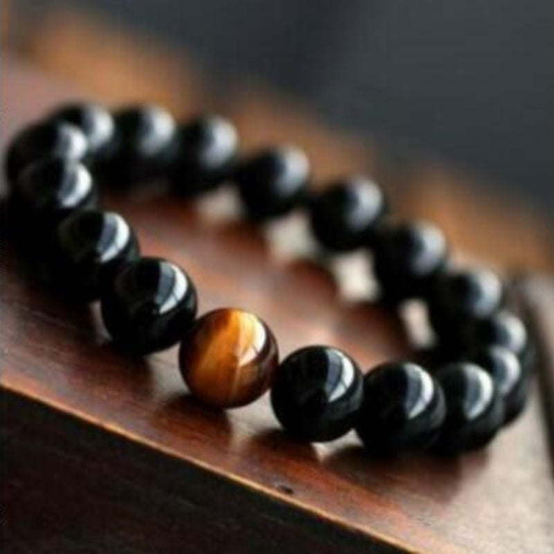 JC-241230BBJ-049  Natural Black Onyx With Stone Tiger Eyes Energy Bracelet