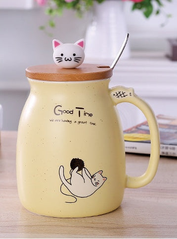 JC-250103DWR-058 450ml Cartoon Ceramics Cat Mug With Lid and Spoon Coffee Milk Tea Mugs Breakfast Cup Drinkware Novelty Gifts