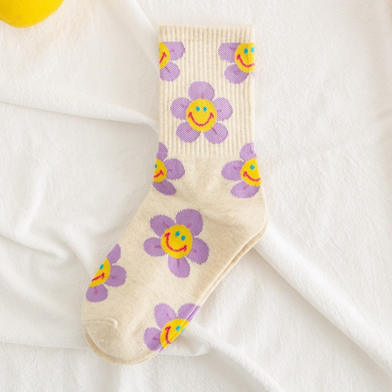 JC-056SCK-24  Socks Women's Smiling Flower Female Middle Tube Socks SUNFLOWER Jacquard Socks