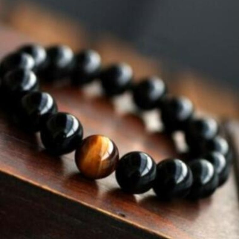 JC-241230BBJ-049  Natural Black Onyx With Stone Tiger Eyes Energy Bracelet