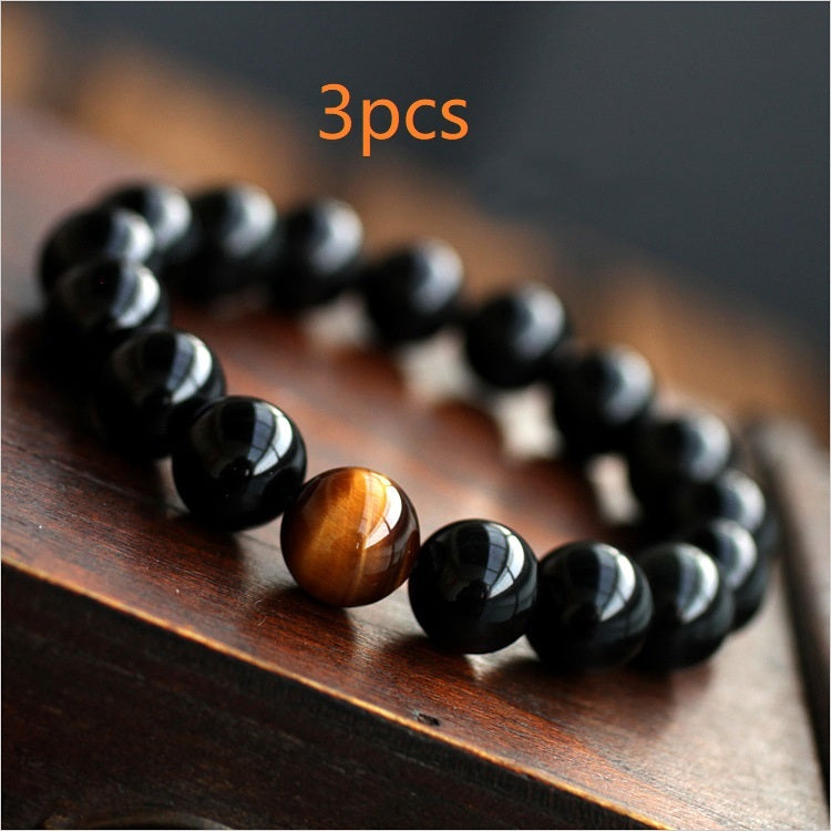 JC-241230BBJ-049  Natural Black Onyx With Stone Tiger Eyes Energy Bracelet