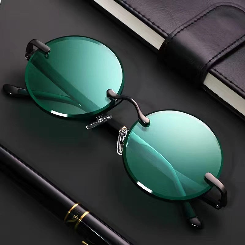 JC-250105MGL-052  Imitation Crystal Glasses Dark Green Men's Round Sunglasses