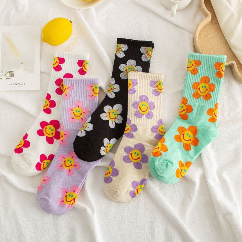 JC-056SCK-24  Socks Women's Smiling Flower Female Middle Tube Socks SUNFLOWER Jacquard Socks