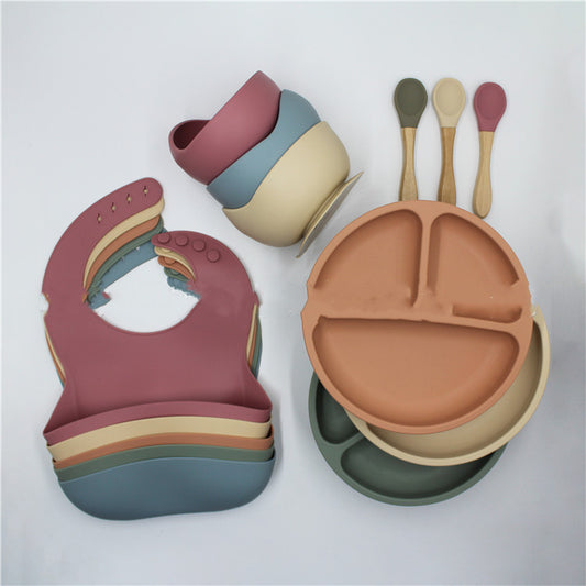 JC-250101DNW-026  Bib Dinner Plate Spoon Bowl 4 Piece Set Silicone Baby Bowl Bib Plate Set