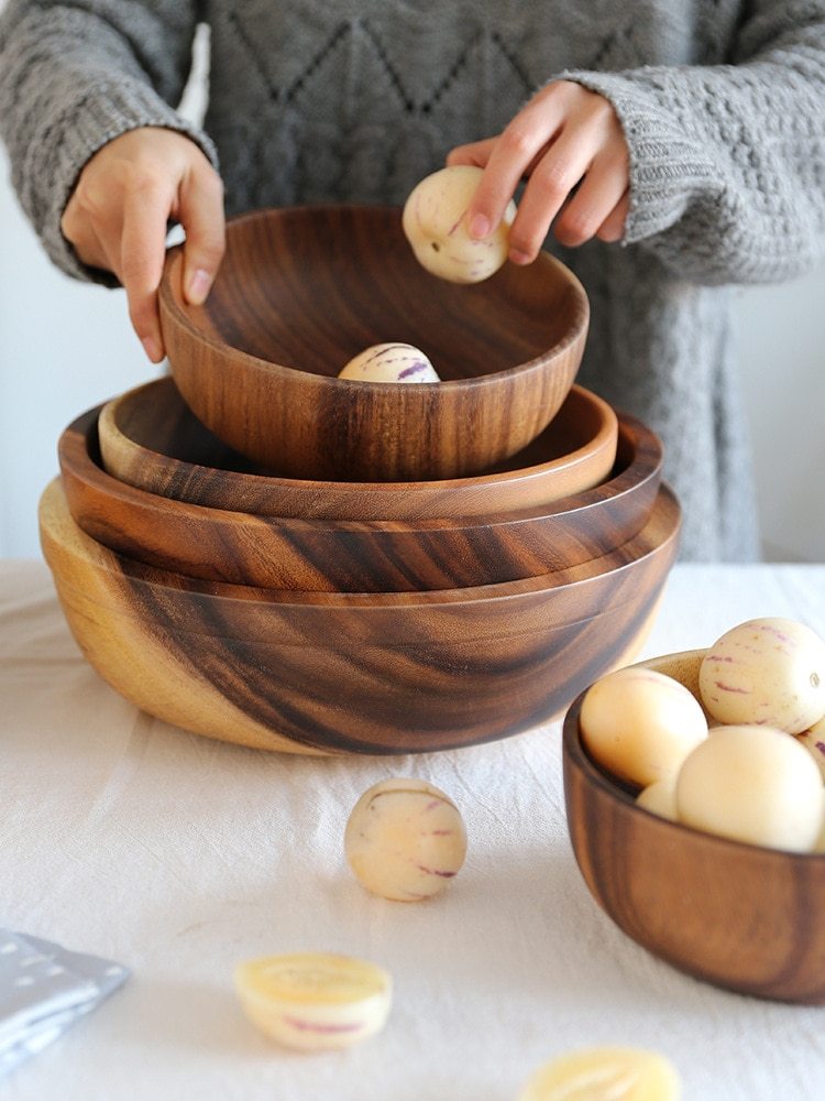 JC-250101DNW-004  Kitchen Natural Wooden Bowl Household Fruit Bowl Salad Bowl For Home Restaurant Food Container Wooden Utensils Note The Size Hot