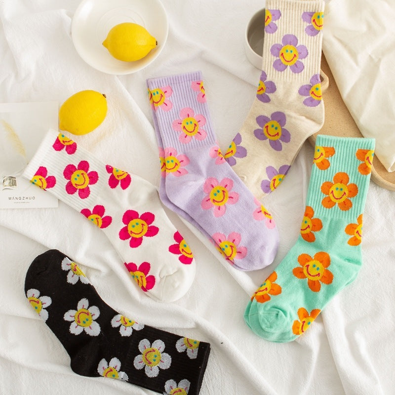 JC-056SCK-24  Socks Women's Smiling Flower Female Middle Tube Socks SUNFLOWER Jacquard Socks