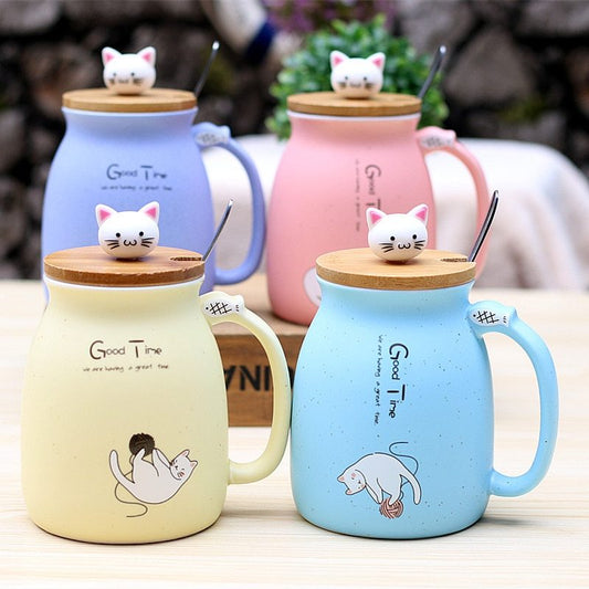 JC-250103DWR-058 450ml Cartoon Ceramics Cat Mug With Lid and Spoon Coffee Milk Tea Mugs Breakfast Cup Drinkware Novelty Gifts