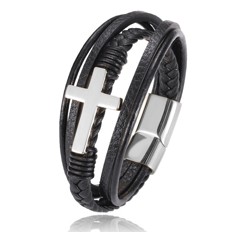 JC-241230BBJ-036  Multi-layer Braided Stainless Steel Cross Men's Bracelet