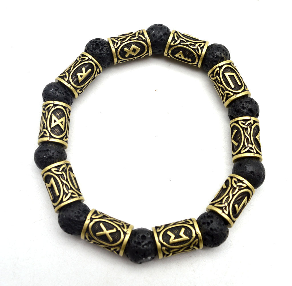 JC-241230BBJ-053  Asgard Crafted Silver Rune And Black Lava Stone Bracelet