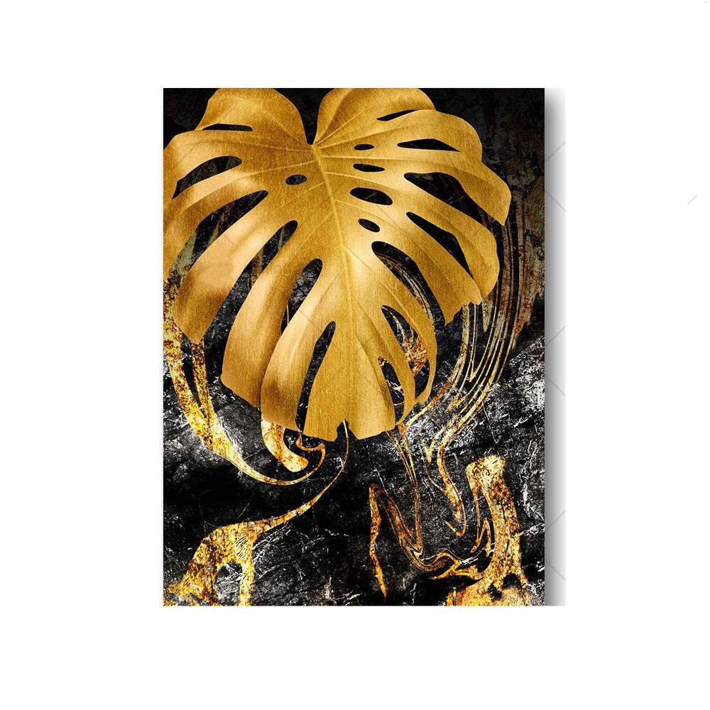 JC-250104PNT-019  Black Gold Marble Tropical Plants Poster Canvas Painting