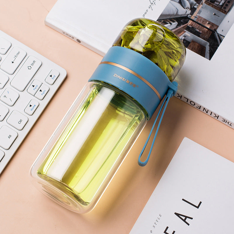 JC-250103DWR-026  Glass Water Bottle With Tea Infuser Filter Tea Separation Double Wall Glass Bottle Leakproof Water Bottle