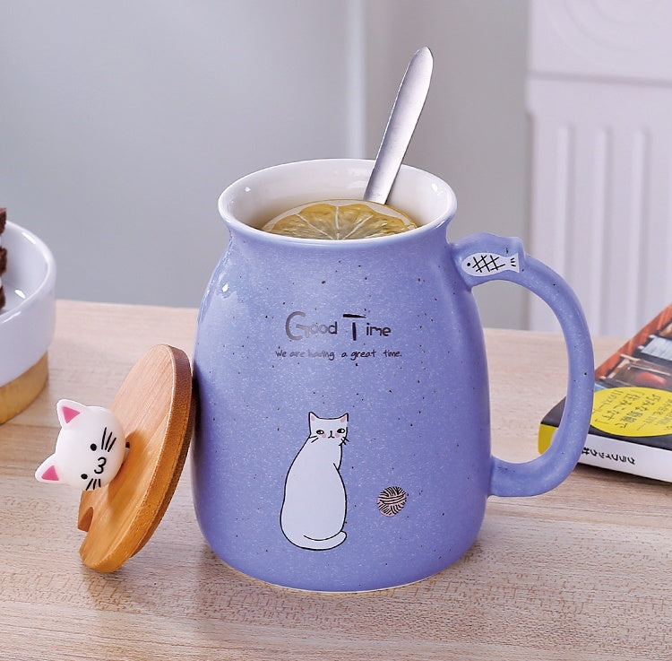 JC-250103DWR-058 450ml Cartoon Ceramics Cat Mug With Lid and Spoon Coffee Milk Tea Mugs Breakfast Cup Drinkware Novelty Gifts