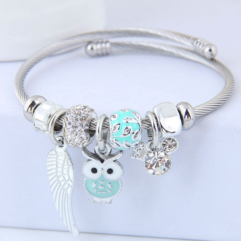 JC-241230BBJ-019  DIY Beaded Owl Angel Wings Pendant Stainless Steel Bracelet