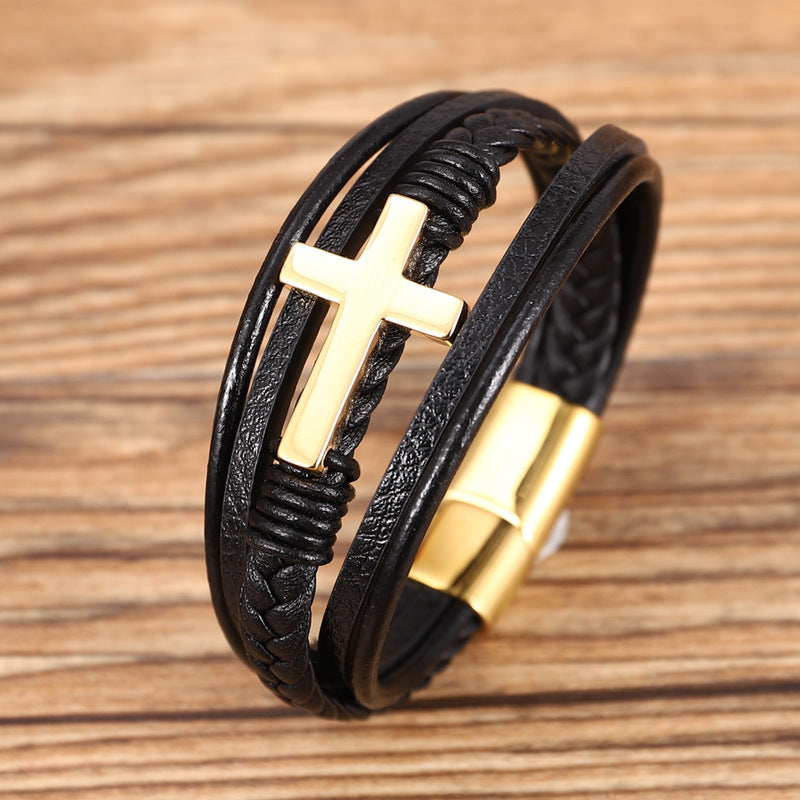 JC-241230BBJ-036  Multi-layer Braided Stainless Steel Cross Men's Bracelet