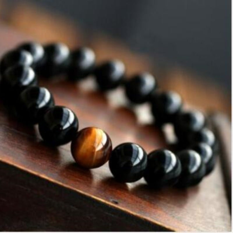 JC-241230BBJ-049  Natural Black Onyx With Stone Tiger Eyes Energy Bracelet