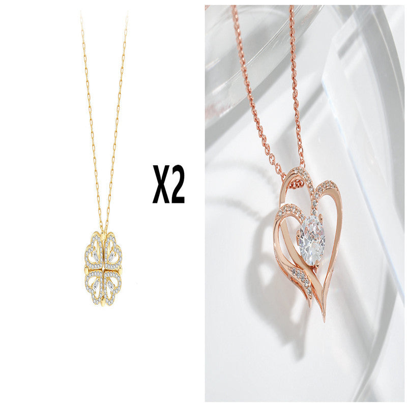 JC-250106NCL-048  Explosive Style Detachable Deformed Four-leaf Clover Necklace For Women A Multi-wearing Zircon Small Love Short Clavicle Chain