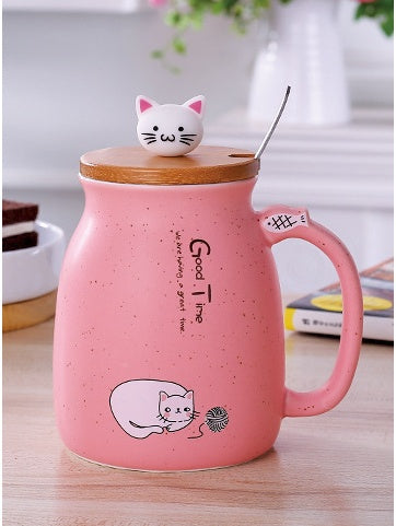 JC-250103DWR-058 450ml Cartoon Ceramics Cat Mug With Lid and Spoon Coffee Milk Tea Mugs Breakfast Cup Drinkware Novelty Gifts