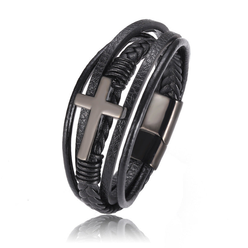 JC-241230BBJ-036  Multi-layer Braided Stainless Steel Cross Men's Bracelet