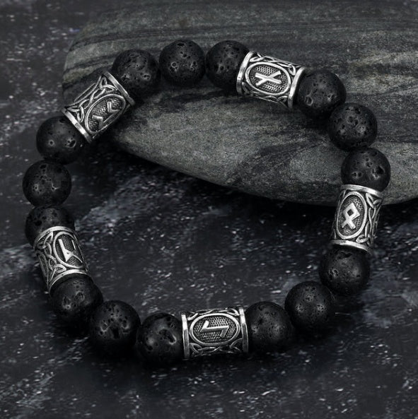 JC-241230BBJ-053  Asgard Crafted Silver Rune And Black Lava Stone Bracelet