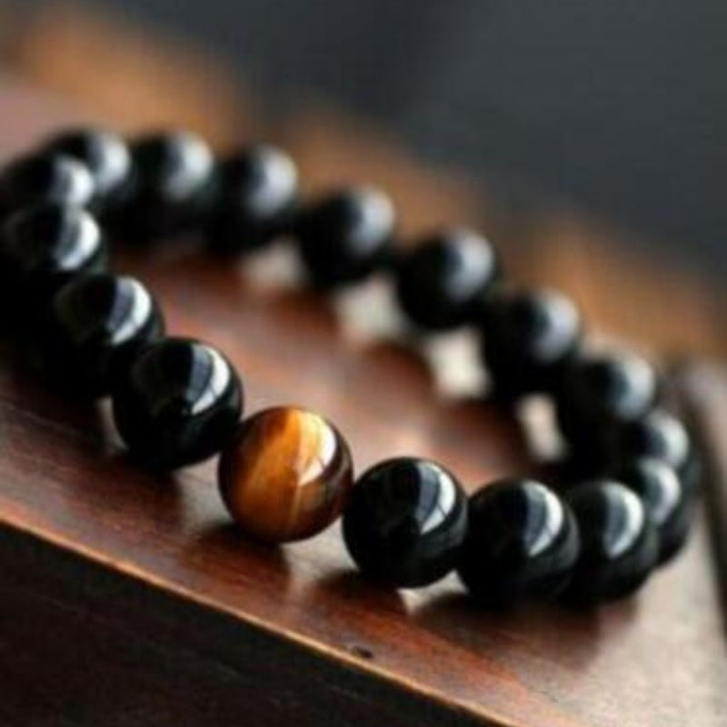 JC-241230BBJ-049  Natural Black Onyx With Stone Tiger Eyes Energy Bracelet