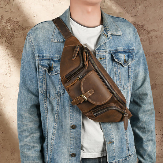 JCCB-009CBB-24  Leather Belt Retro Multi-functional Motorcycle Satchel Leather All-match Casual Chest Bag