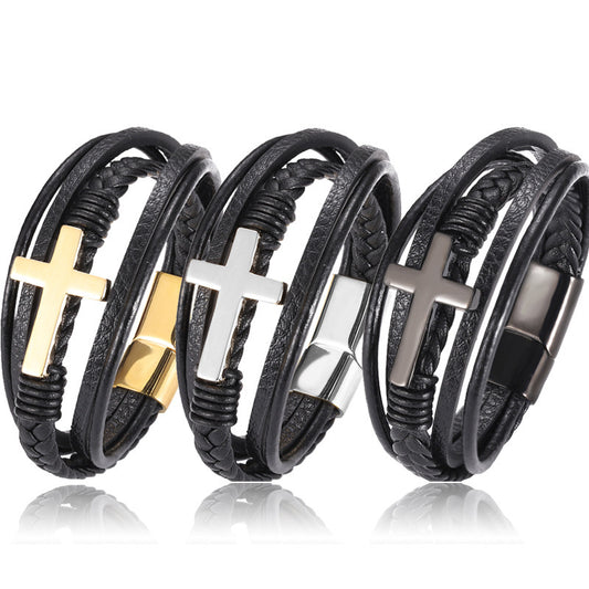 JC-241230BBJ-036  Multi-layer Braided Stainless Steel Cross Men's Bracelet