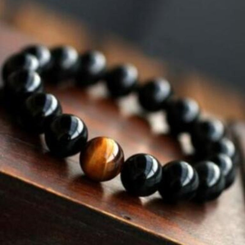 JC-241230BBJ-049  Natural Black Onyx With Stone Tiger Eyes Energy Bracelet