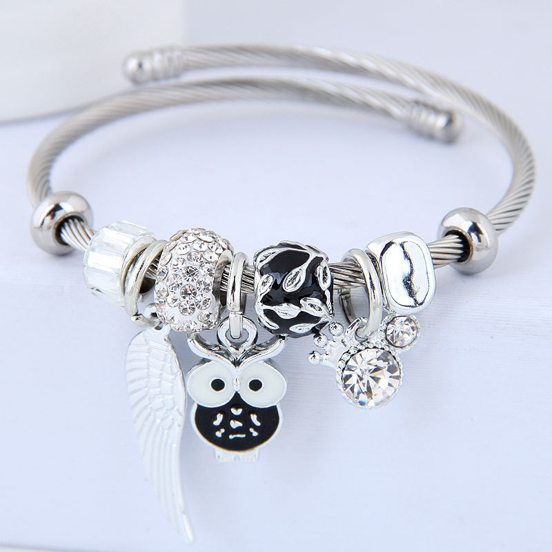 JC-241230BBJ-019  DIY Beaded Owl Angel Wings Pendant Stainless Steel Bracelet