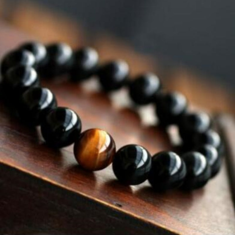 JC-241230BBJ-049  Natural Black Onyx With Stone Tiger Eyes Energy Bracelet