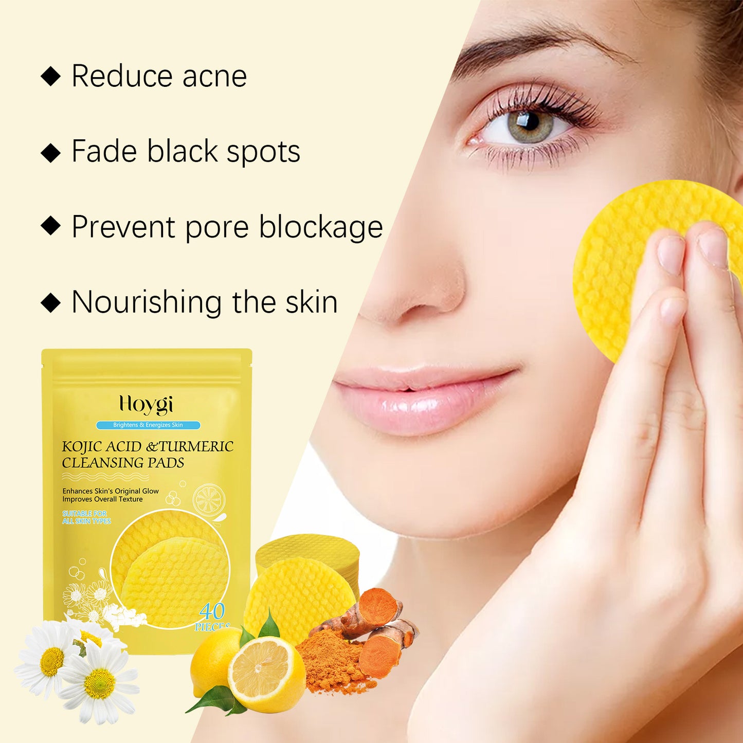 JCM-113PAD-24  HOYGI Turmeric Acid Cleansing Pad Face Skin Pore Cleansing Makeup Remover Gentle Exfoliating Cleansing Pad