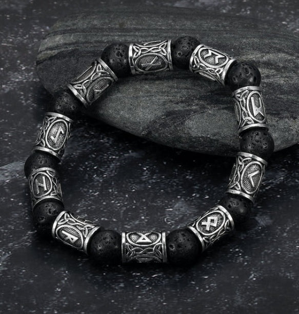 JC-241230BBJ-053  Asgard Crafted Silver Rune And Black Lava Stone Bracelet