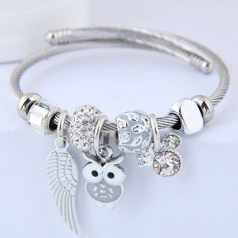 JC-241230BBJ-019  DIY Beaded Owl Angel Wings Pendant Stainless Steel Bracelet