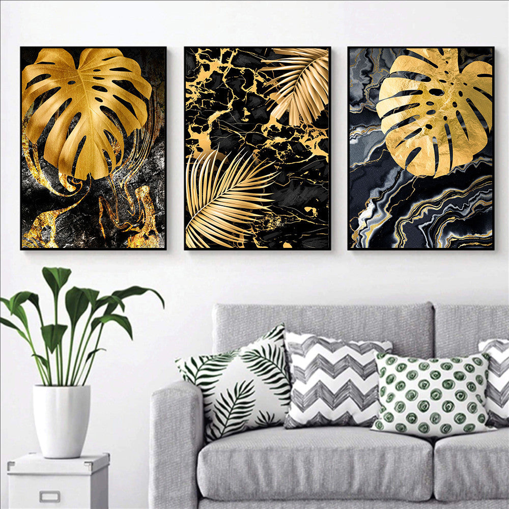 JC-250104PNT-019  Black Gold Marble Tropical Plants Poster Canvas Painting