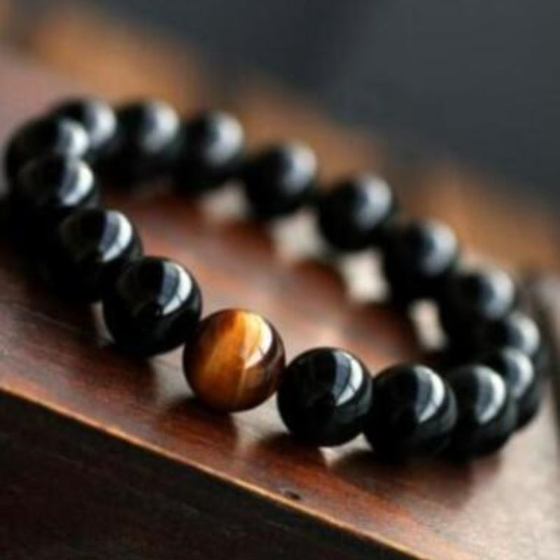 JC-241230BBJ-049  Natural Black Onyx With Stone Tiger Eyes Energy Bracelet