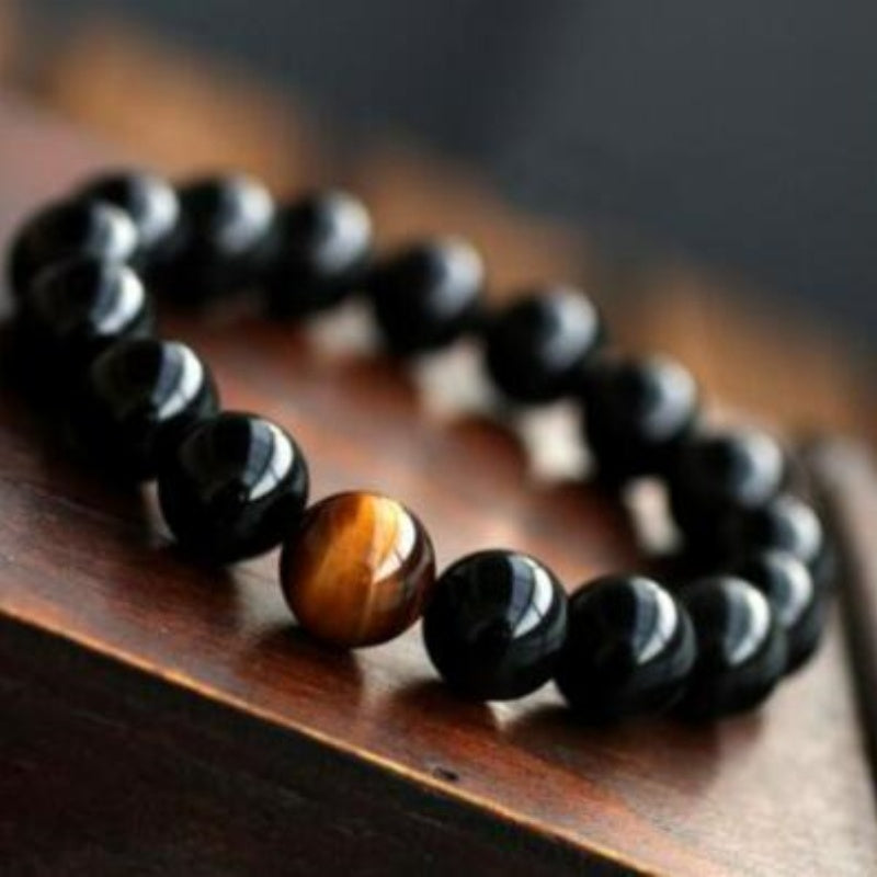 JC-241230BBJ-049  Natural Black Onyx With Stone Tiger Eyes Energy Bracelet